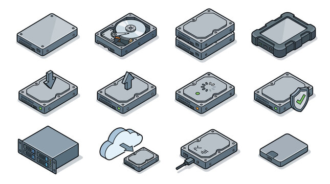 Isometric Hard Drive Icons Set: Data Storage, Security, Cloud Sync, and Hardware
