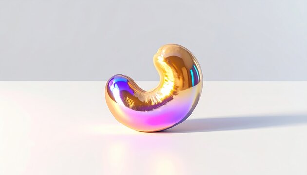 A stylized, metallic, bean-shaped object shimmers with vibrant colors against a plain white backdrop
