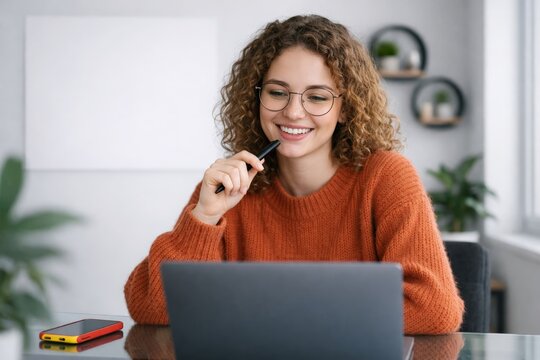 Young adult working on laptop at home office desk in bright room