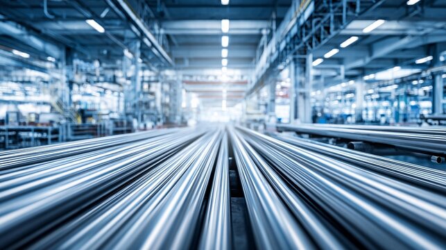 Polished stainless steel pipes of various diameters arranged in rows within a bright industrial factory setting, showcasing manufacturing processes.