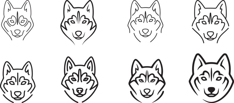 Blackandwhite linedrawings of various husky dog faces on white background.