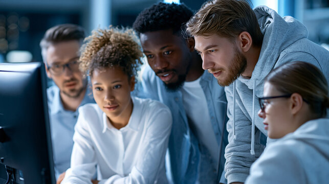 Faceless mixed gender team of five software engineers gathered around shared monitor reviewing pull request and discussing implementation changes, agile development concept,
