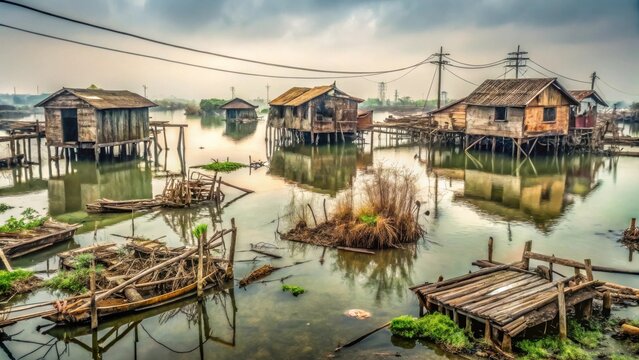 Decaying Stilt Houses and Derelict Boats on a Calm, Still Water Surface at Dawn