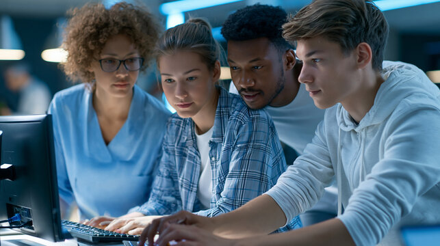 Faceless mixed gender team of five software engineers gathered around shared monitor reviewing pull request and discussing implementation changes, agile development concept,