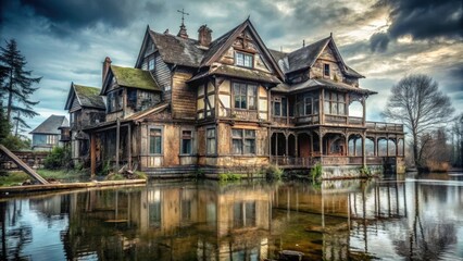 Obraz premium A Weathered Wooden Mansion Partially Submerged in Still Water, Reflecting a Dramatic Sky