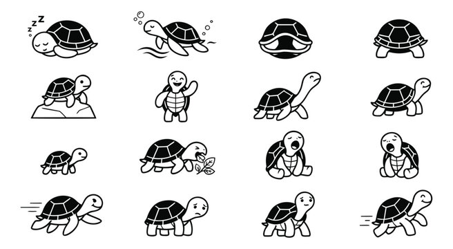 Cartoon icon set of 16 cute turtles featuring sleeping, swimming, walking, eating and running poses for animal and children design