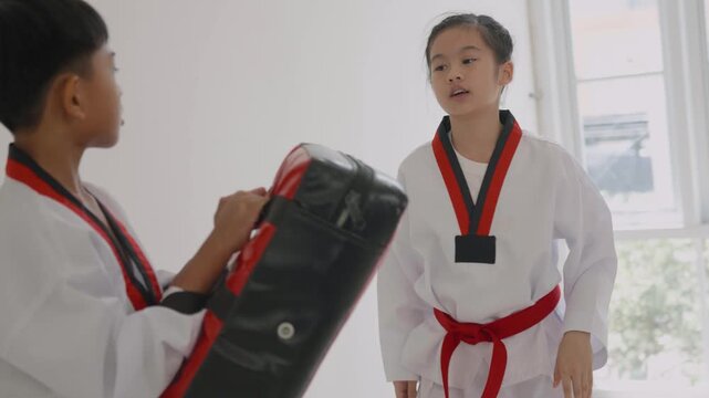 Young students practice martial arts in a training session with focus on kicks and moves during a class in the dojo