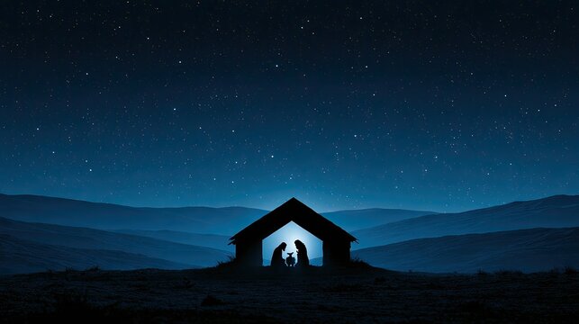 Silhouetted nativity scene in a stable under a starry night sky