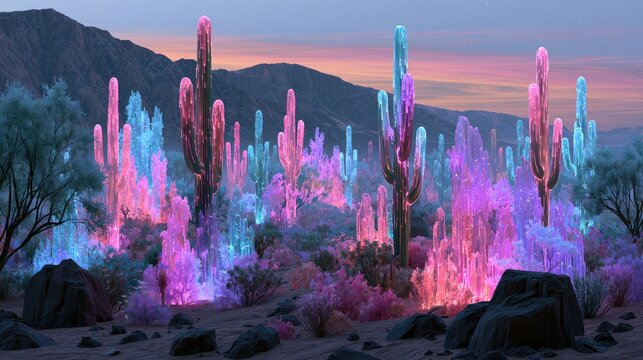 Vibrant, illuminated desert flora and cacti glow with ethereal, colorful light