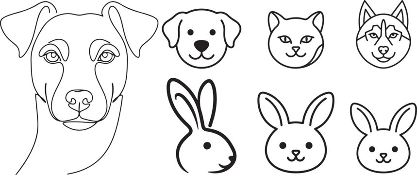 Black line drawn animal faces including dogs and rabbits on white background.