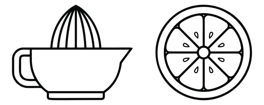 Outline icon set of 2 citrus tools featuring a lemon squeezer and orange slice for food and kitchen design