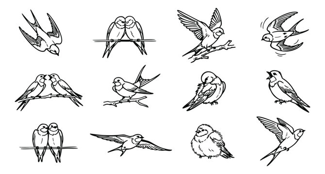 Sketch icon set of 12 small birds featuring swallows and sparrows in flying and perching poses for nature design