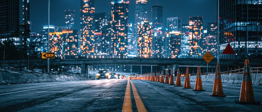 Wet urban highway at night, lined with cones, leading to illuminated cityscape
