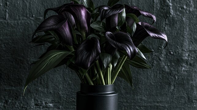 Dark calla lilies in a black vase against a textured dark background