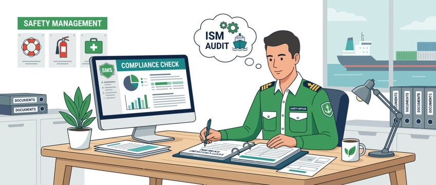 Maritime Safety Officer Conducting ISM Audit in Office with Ship View
