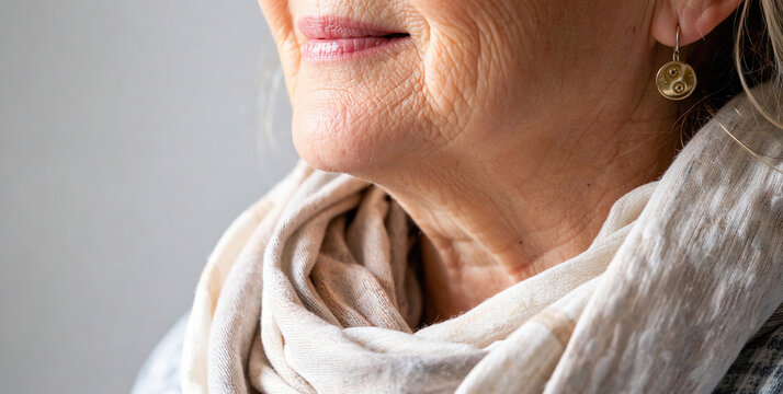 Close-Up Portrait of a Mature Woman with Elegant Scarf and Earrings