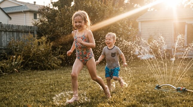 Happy siblings running through a garden sprinkler in the backyard during a warm sunny summer day