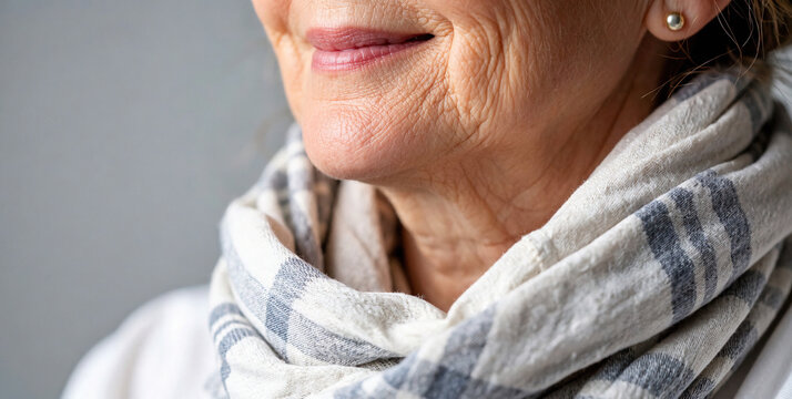 Close-Up of a Woman's Smiling Face with a Soft Scarf Detail