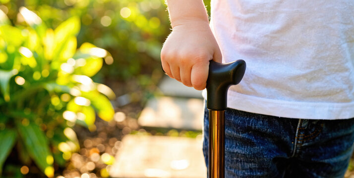 Child Holding a Cane Amidst a Lush Garden Pathway in Soft Light