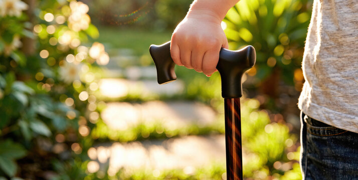 Child Holding a Walking Cane in a Lush Garden Setting During Golden Hour