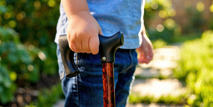 Child Holding a Walking Cane While Strolling in a Lush Garden Pathway