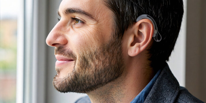 Man with Hearing Device Looking Thoughtfully Out a Window