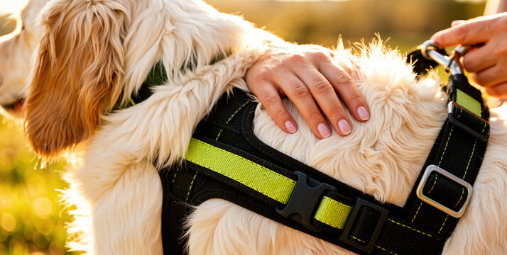 Golden Retriever in Harness with Hand on Fur in Sunlit Park Setting
