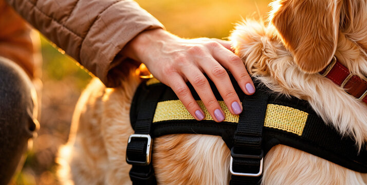Gentle Touch Between Owner and Dog in Warm Sunset Glow