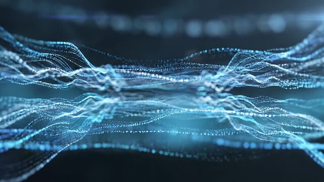 Abstract Background of Glowing Blue Digital Particles Flowing in Wavy Geometric Patterns for Futuristic Technology Concepts