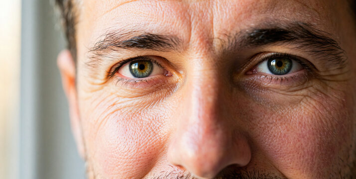 Close-Up Portrait of a Man with Striking Green Eyes and Warm Expression