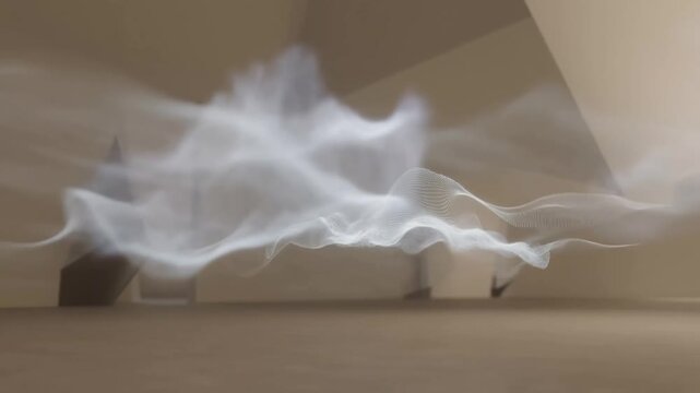 Smoke rises from vents in a large empty room interior