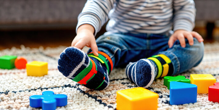 Colorful Playtime: A Child Engaged with Building Blocks and Socks