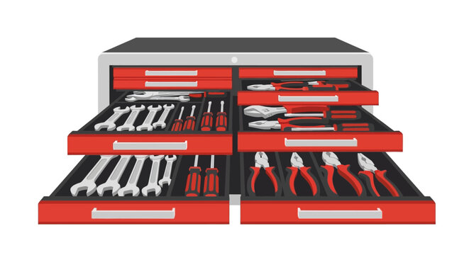 Professional Red Rolling Tool Chest with Open Drawers and Hardware Tools Vector. Organized Mechanic Tool Box with Wrenches, Pliers, and Screwdrivers on White Background.
