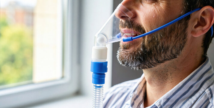 Man Using a Nebulizer in a Bright Indoor Setting with Greenery Outside