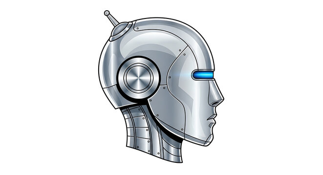 Shiny metallic robot head with blue eye light on white background with detailed illustration silver blue glowing
