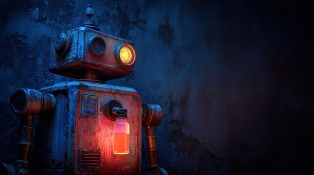 Retro Robot Companion: A vintage, rusty robot with glowing orange eyes and a lit-up chest compartment stands in dimly lit, textured surroundings, evoking a sense of nostalgia and wonder.