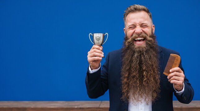 Man smiling and holding trophy after winning beard competition  