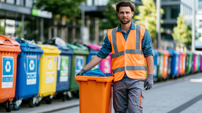 Recycling worker in reflective vest holding an orange waste bin on a city street with rows of colorful recycling containers behind him.

