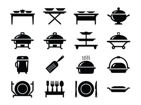 Black silhouettes of various kitchen utensils and cookware on white background
