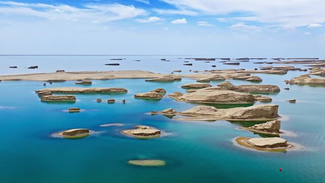 Aerial drone shot of water yardang landforms surrounded by turquoise water in the Qaidam Basin, Qinghai, China