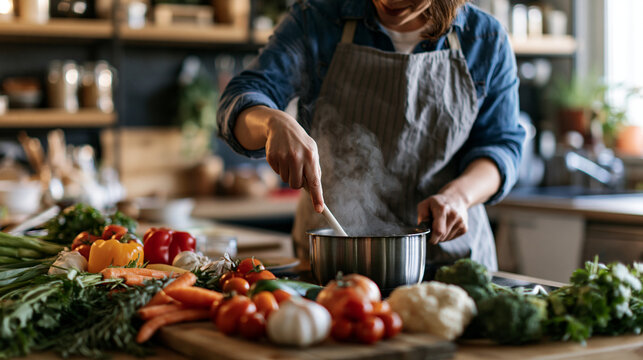 Person in an apron stirring a pot while preparing fresh vegetables on a kitchen counter, with tomatoes, carrots, herbs and cookware around them.
