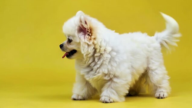 Bright cheerful 4K footage of an adorable poodle sitting happily against vibrant yellow background highlighting fur texture joyful expression playful pet personality lifestyle animal 
