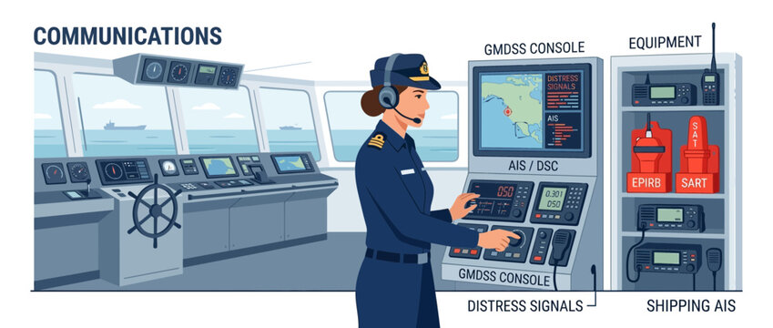Maritime Communications: Officer On Ship Bridge With GMDSS Console and Navigation Equipment