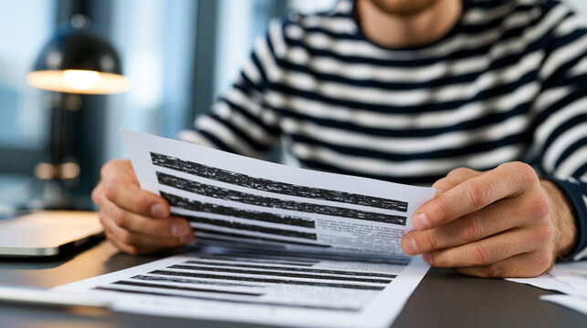 Close up of a person holding a printed document with black redacted text lines at a desk with papers, lamp and laptop in the background.
