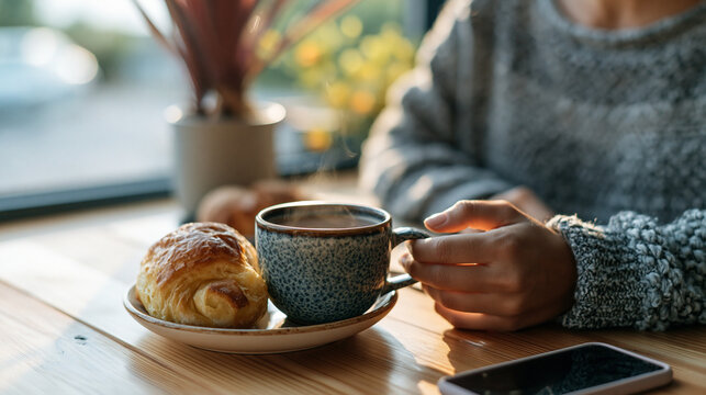 Close up of a person holding a coffee cup beside a croissant on a plate and a smartphone on a wooden table near a bright window.
