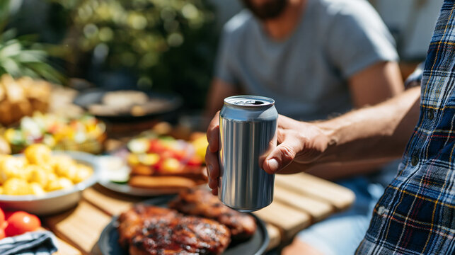 Close up of a hand holding a silver soda can at an outdoor barbecue table with grilled meat, fruit, plates and people in the background.
