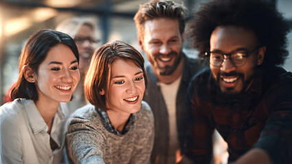 Fototapeta premium Multicultural group of business professionals in casual office wear gathered around a laptop in a contemporary office, pointing at the screen while discussing project strategy modern corporate.