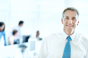 Fototapeta premium Portrait, happy and manager with business man in office for smile, investment advisor and pride. ROI assets, about us and coworking with mature employee in agency for stock market expert and space