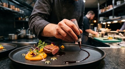 Fototapeta premium A chef artistically adds sauce to a gourmet dish in a bustling kitchen. Concept of culinary art, fine dining, professional cooking processes, creativity behind the scenes in gastronomy. Generative AI