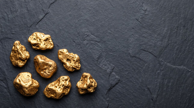 Gold nuggets scattered on dark slate surface for close-up inspection